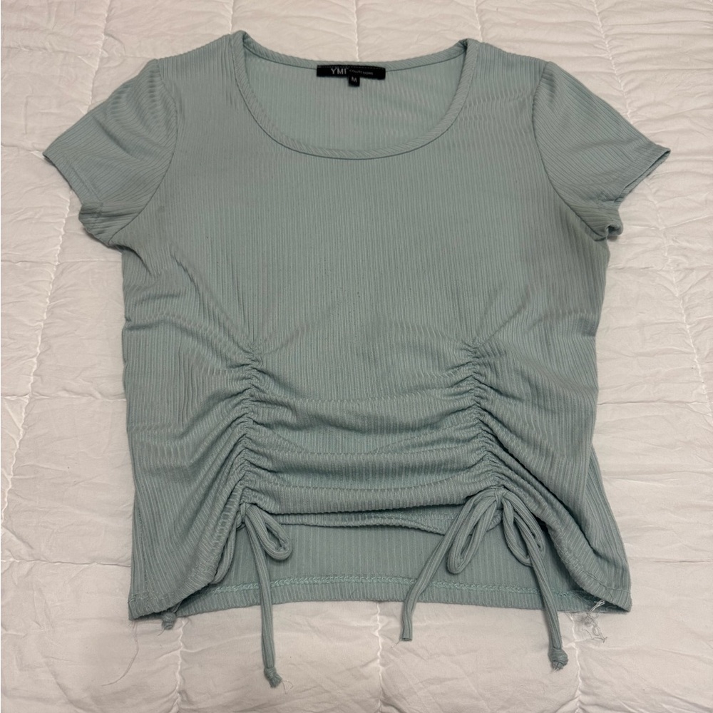 YMI Green Ruched Tie Front Short Sleeve Tee
